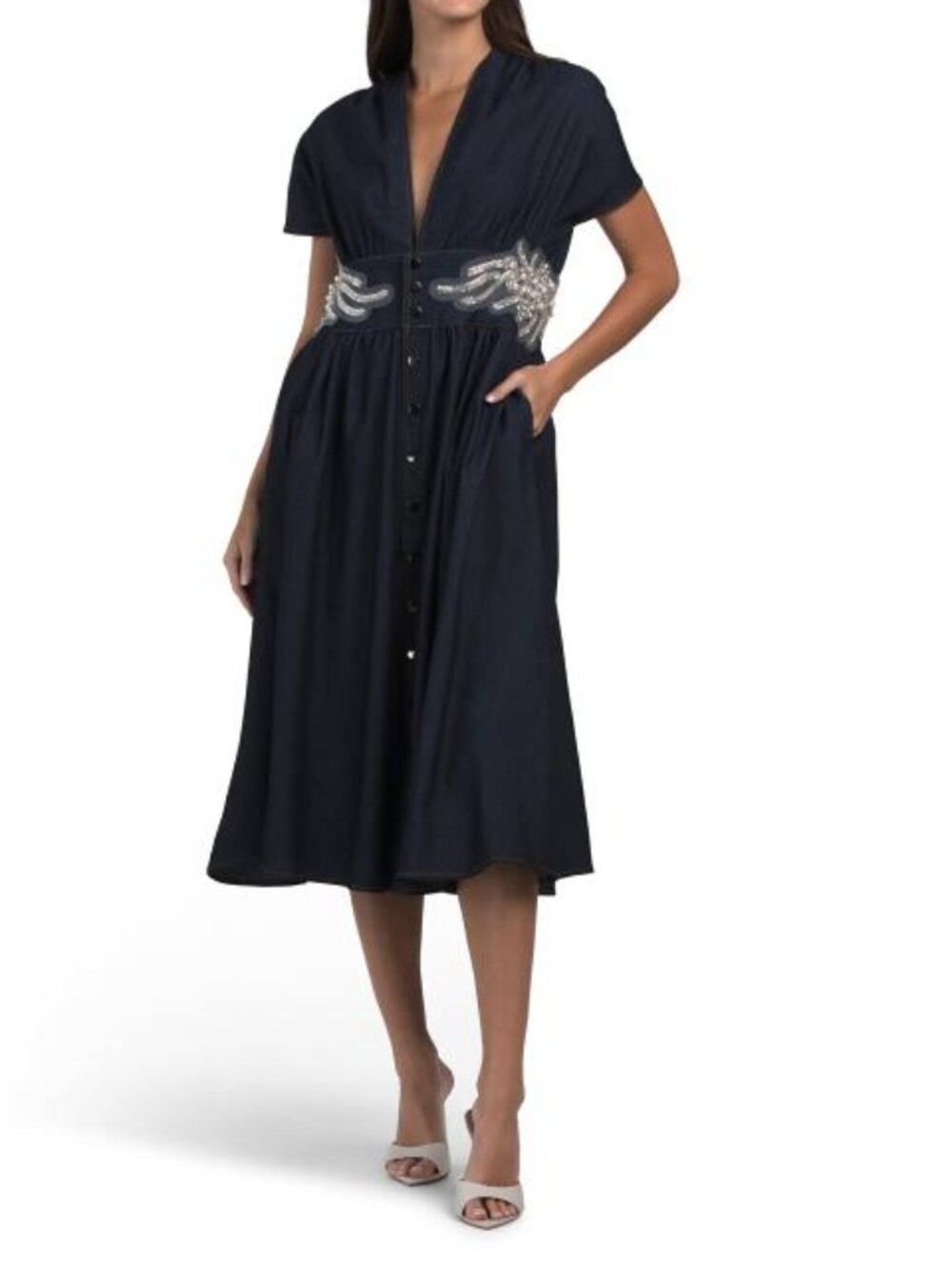 NANCY YANG Short Sleeve Denim Midi Dress With Waist Embellishment